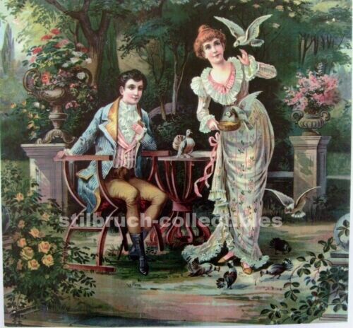 Music Box lid cover picture image antique vintage rococo scene w. roses pigeons