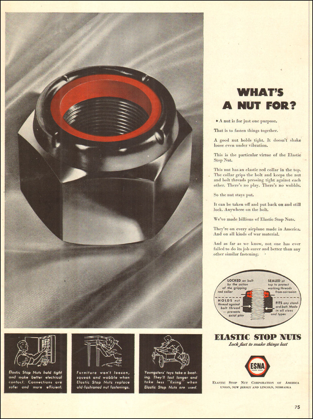 1943 WW 2 era Ad ELASTIC STOP NUTS , ESNA . What\'s a nut for?  051918