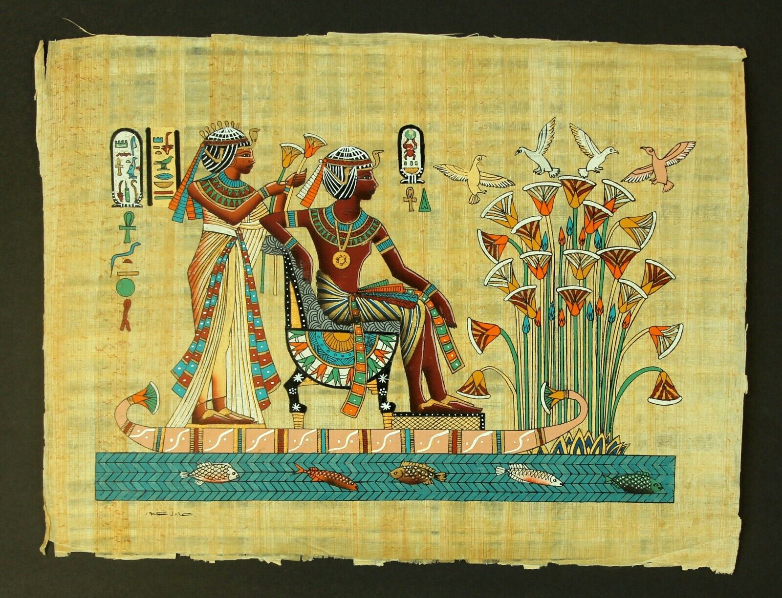 Rare Authentic Hand Painted Ancient Egyptian Papyrus-King tut & wife in a boat