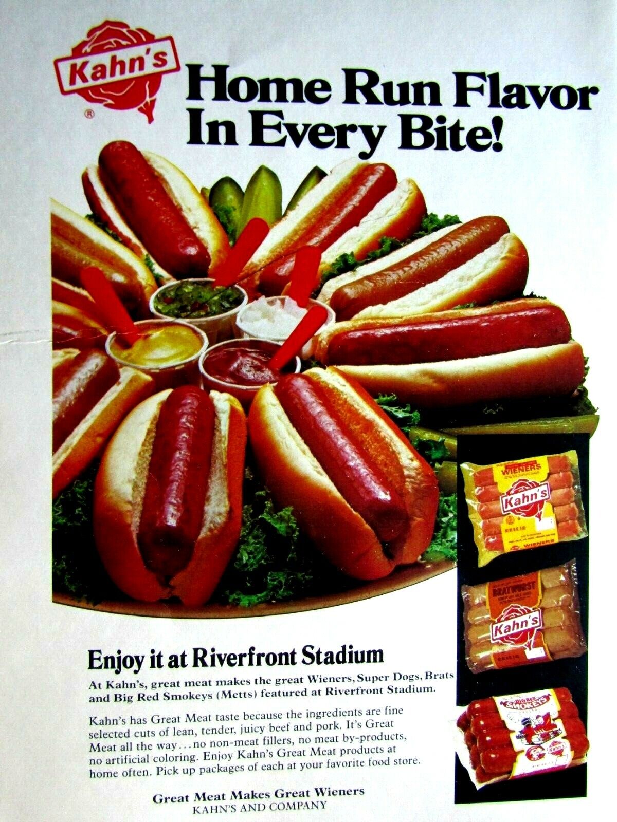 Cincinnati Reds Riverfront VTG 1981 Kahn's Hot Dog Original Print Ad-8.5 x 11
