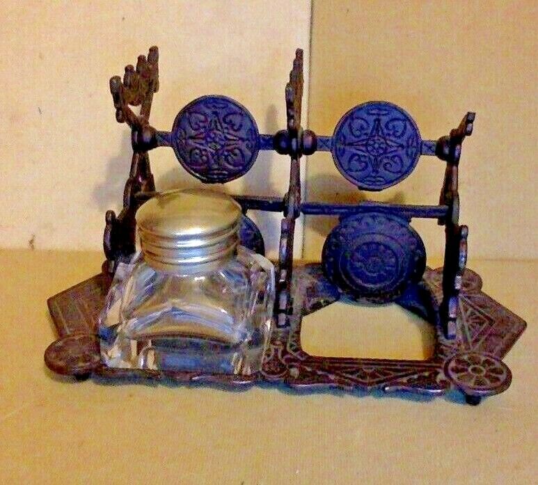 Antique Double Ink Well. Copper Colored Cast Iron. Hinged. 1800's. Unbranded.
