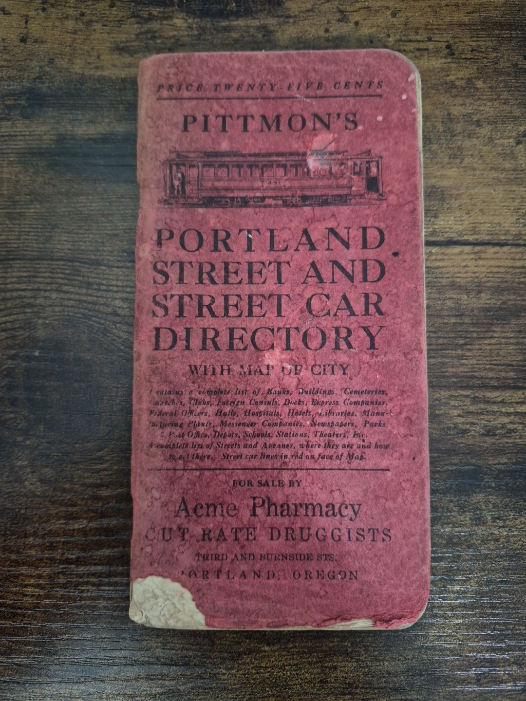Vintage 1920s Pittmons Portland Streetcar Directory Acme Pharmacy Oregon No Map