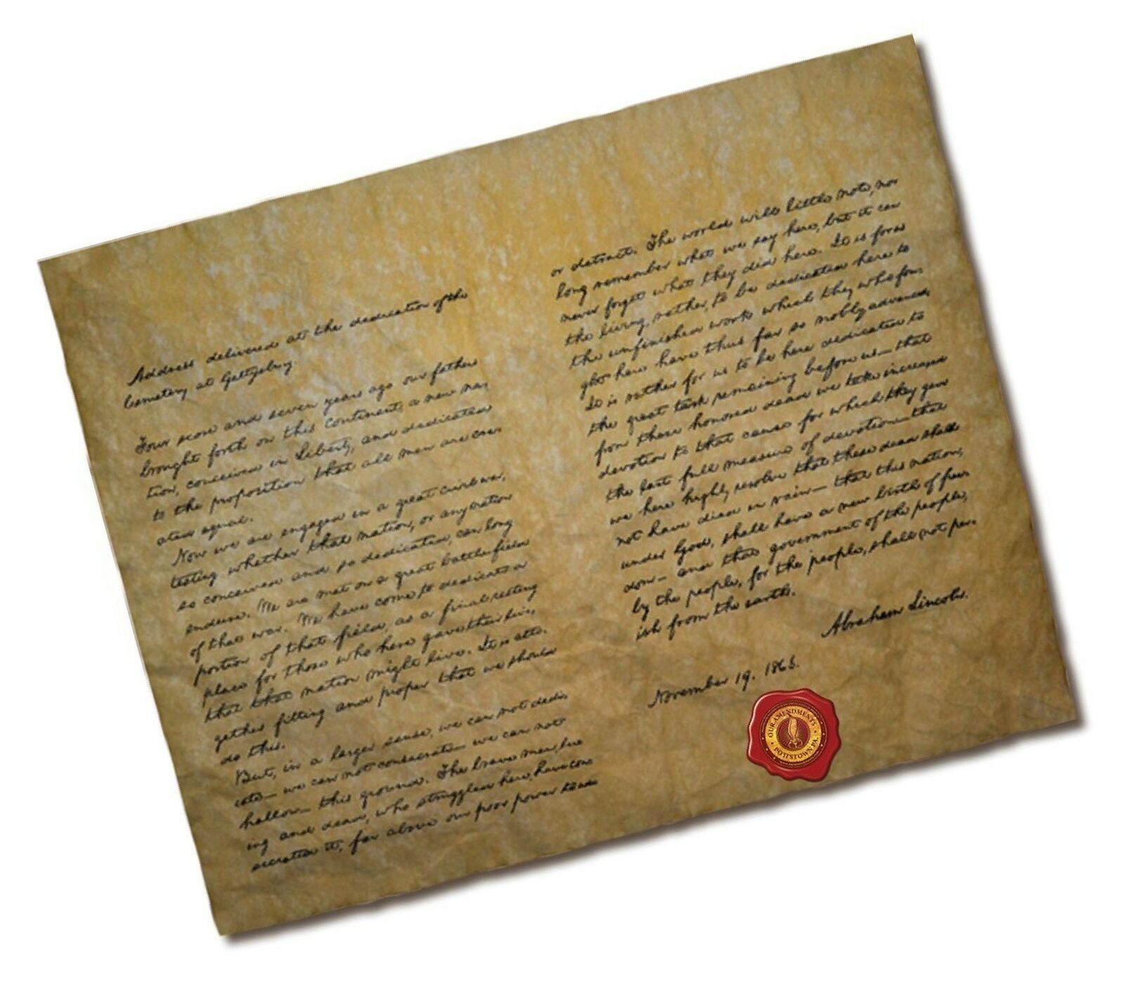 Gettysburg Address, Authentic Replica Printed on Antiqued Genuine Parchment. ...