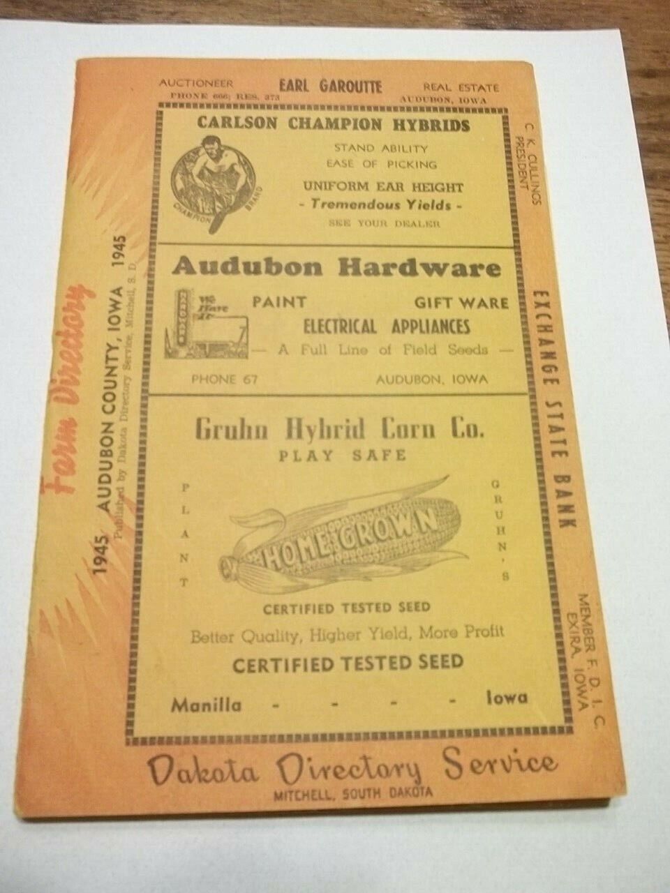 1945 RARE 1St Edition Farm Directory Audubon County Iowa HAS GREAT ADS