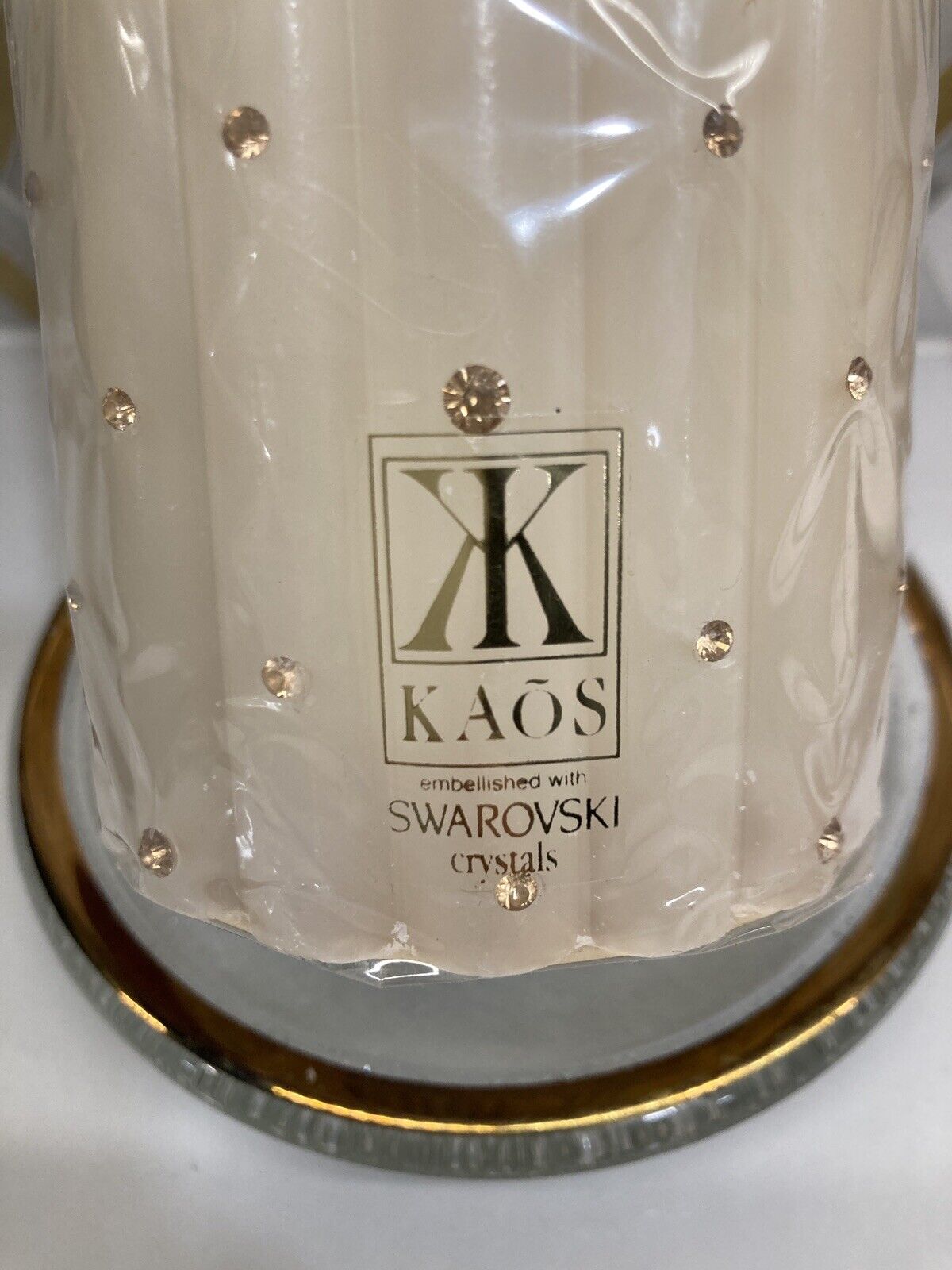 Kaos Embellished Swarovski Crystals Pillar Candle with Gold-rimmed Candle Plate