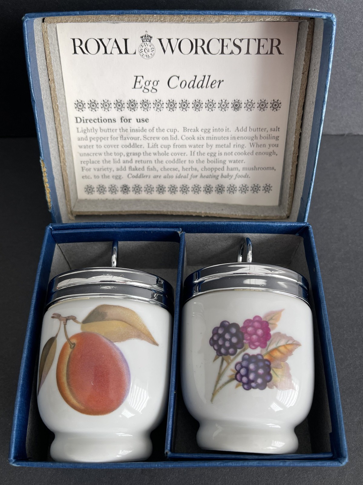 Royal Worcester Standard Egg Coddlers Pair Plum & Blackberry Motifs w/Chrome Lid