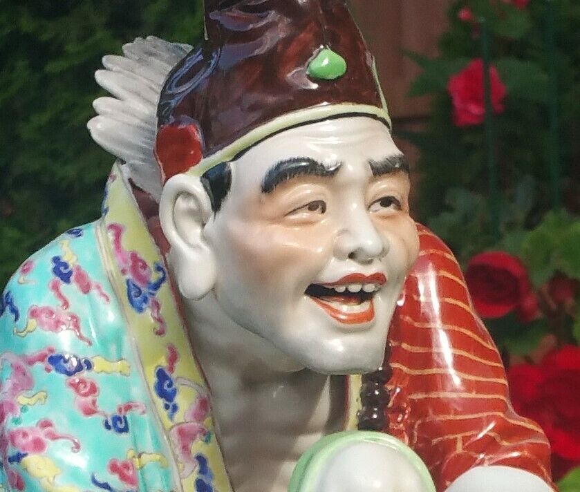 JI GONG statue chinese buddhist monk porcelain vtg famille rose seated buddha