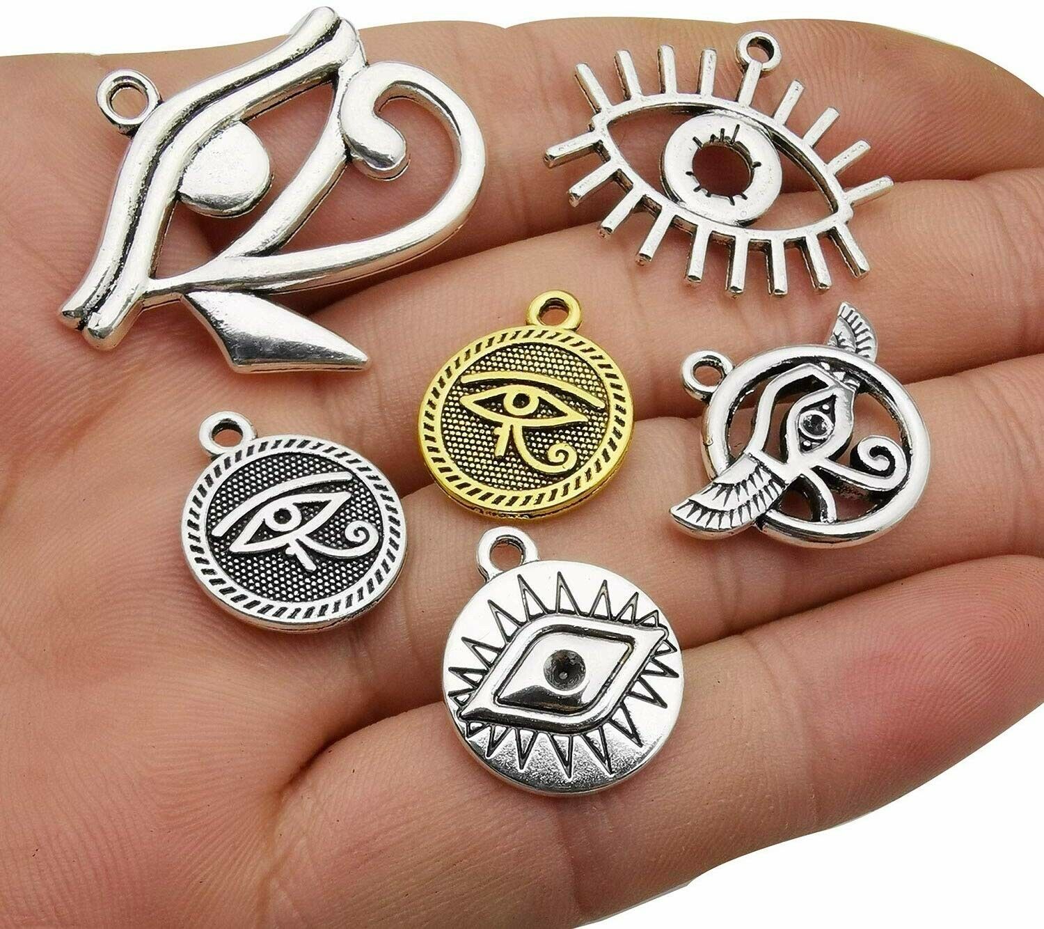 6 Eye of Horus Pendants Egyptian Charms Assorted Lot Antiqued Silver Gold Mix