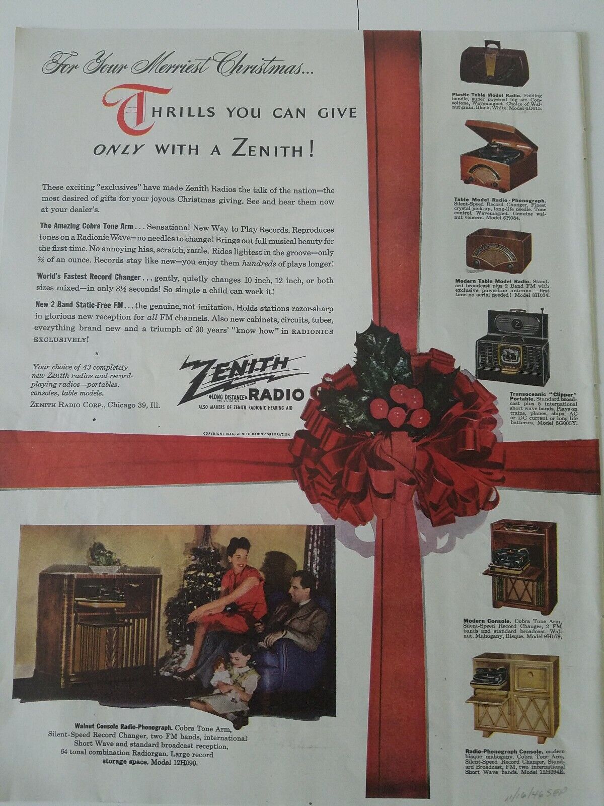 1946 Zenith radio phonograph table model consoles transoceanic portable ad
