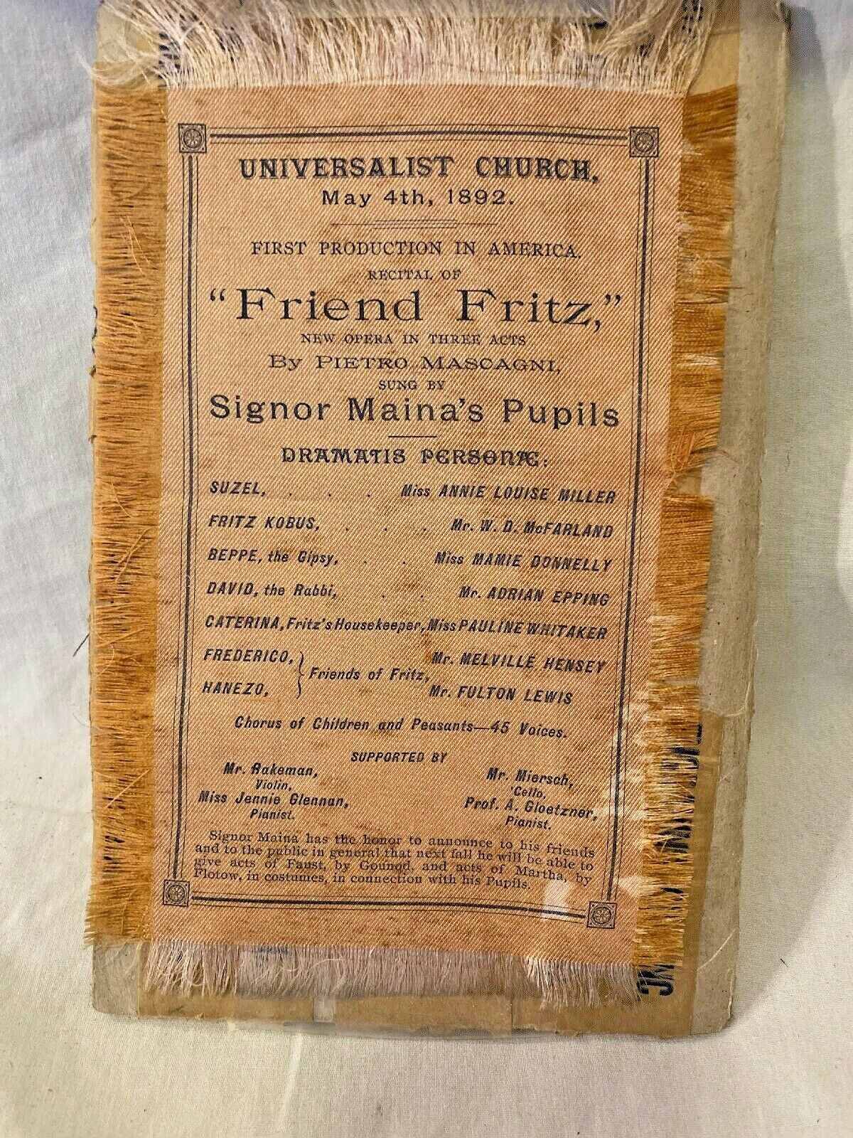 Universalist Church 1892 FRIEND FRITZ new opra program textile 