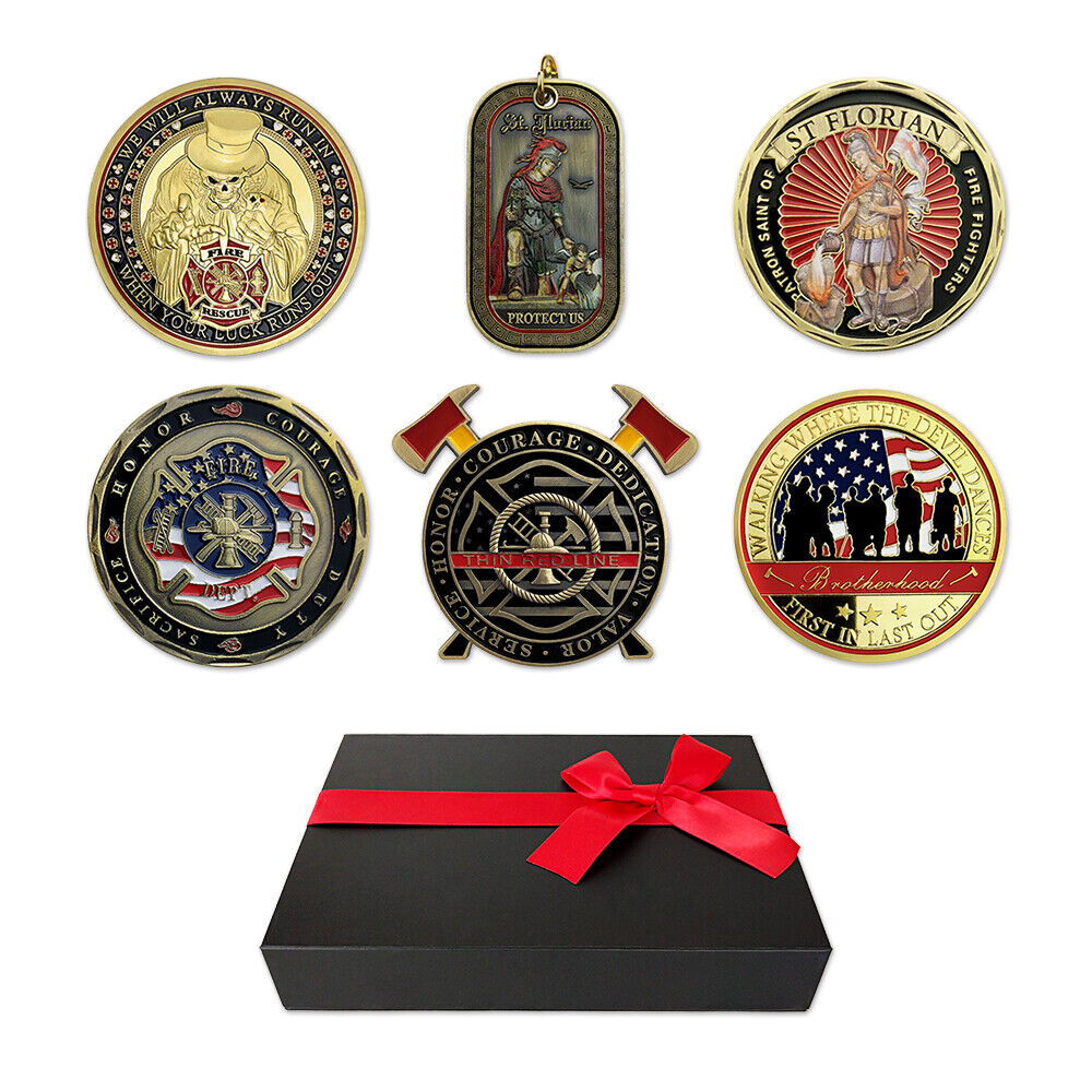 Firefighter Challenge Coin 6 Pcs Gift Bundle A Thin Red Line Ribbon Warp Box