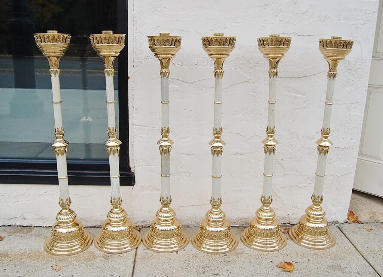BEAUTIFUL SET OF 6 MARBLE STEM BRASS ALTAR CANDLE STICKS #109 (CHALICE CO.)