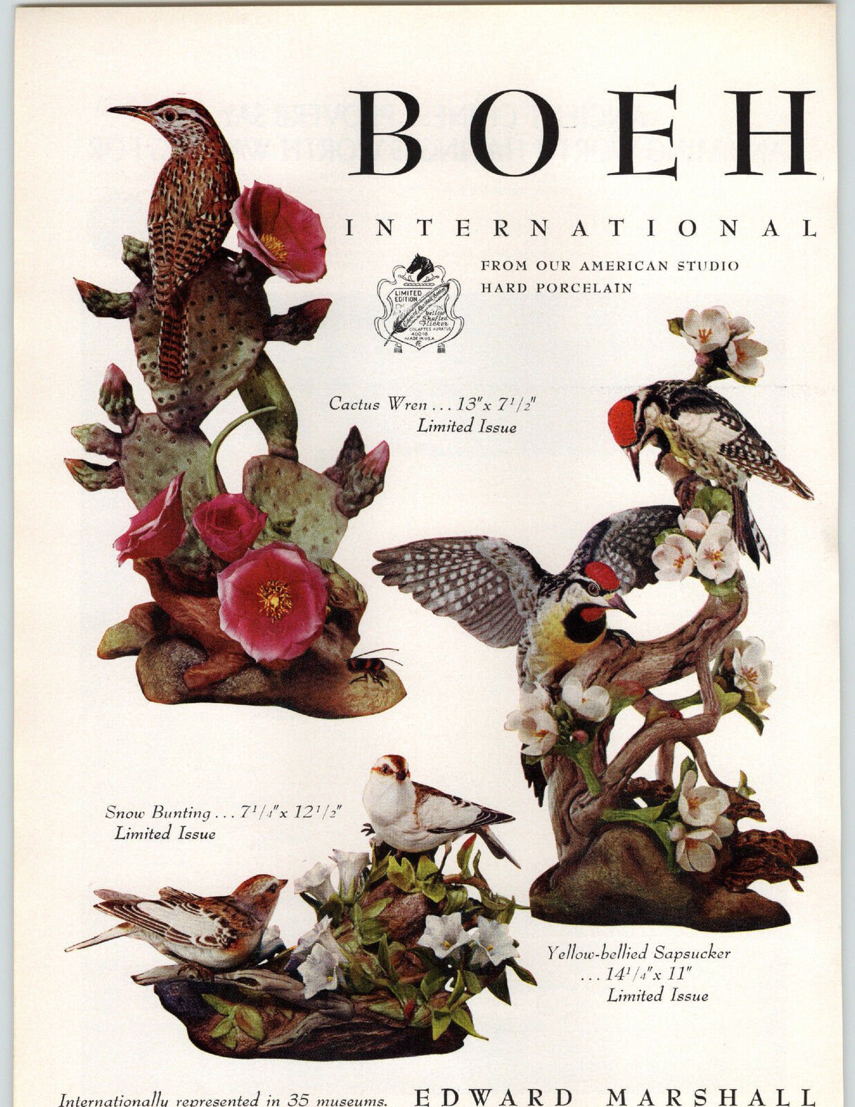 1972 PAPER AD 2 PG Boehm Barn Owl Snow Bunting Catus Wren Iris Peace Rose
