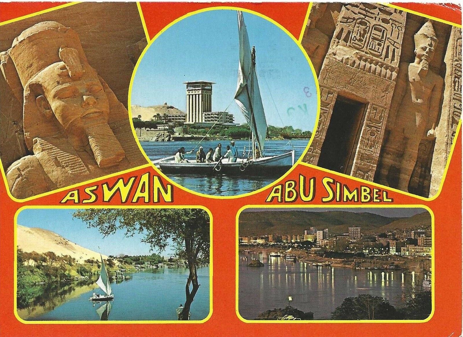 ASWAN, ABU SIMBEL, EGYPT CONTINENTAL POSTCARD, 5 Views, Posted w/Stamp