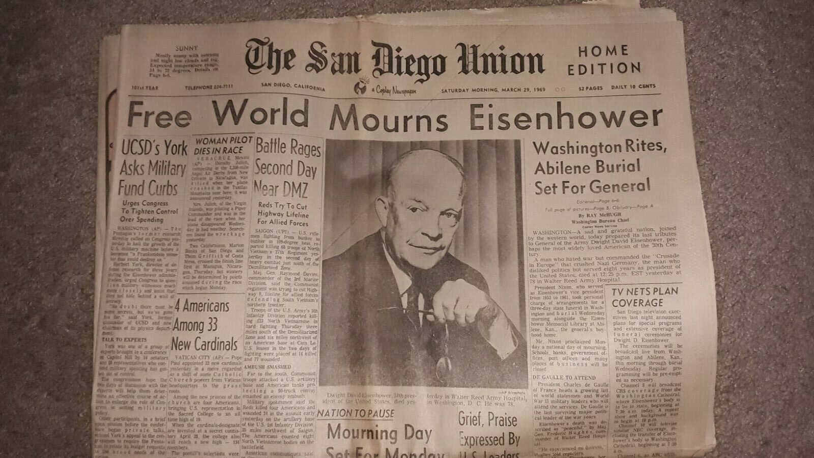 1969 Newspaper Mourns EISENHOWER
