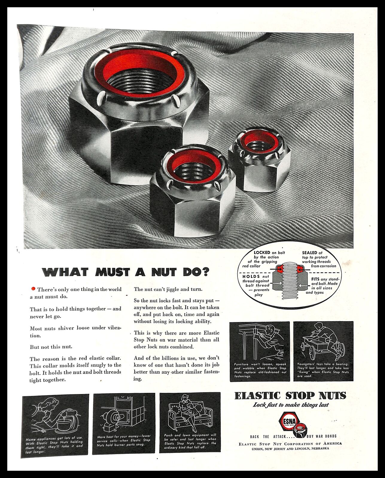 1943 ESNA Elastic Stop Nuts Vintage PRINT AD Manufacturing Fastener Device 