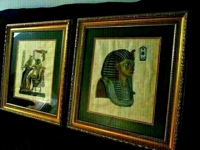 2 Egyptian Papyrus Hand-Painted Mask of King Tut/Wife Custom Wood Frames 23 x 21
