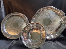Gorham & Oneida Silver Plate Serving Tray Set Pierced Gallery Platter Bowl picture