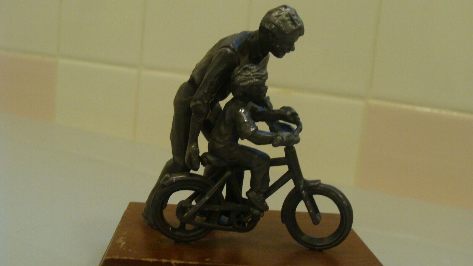 Vintage Metal Figurine Father Teaching Son To Ride Bike Figurine with Wood Base