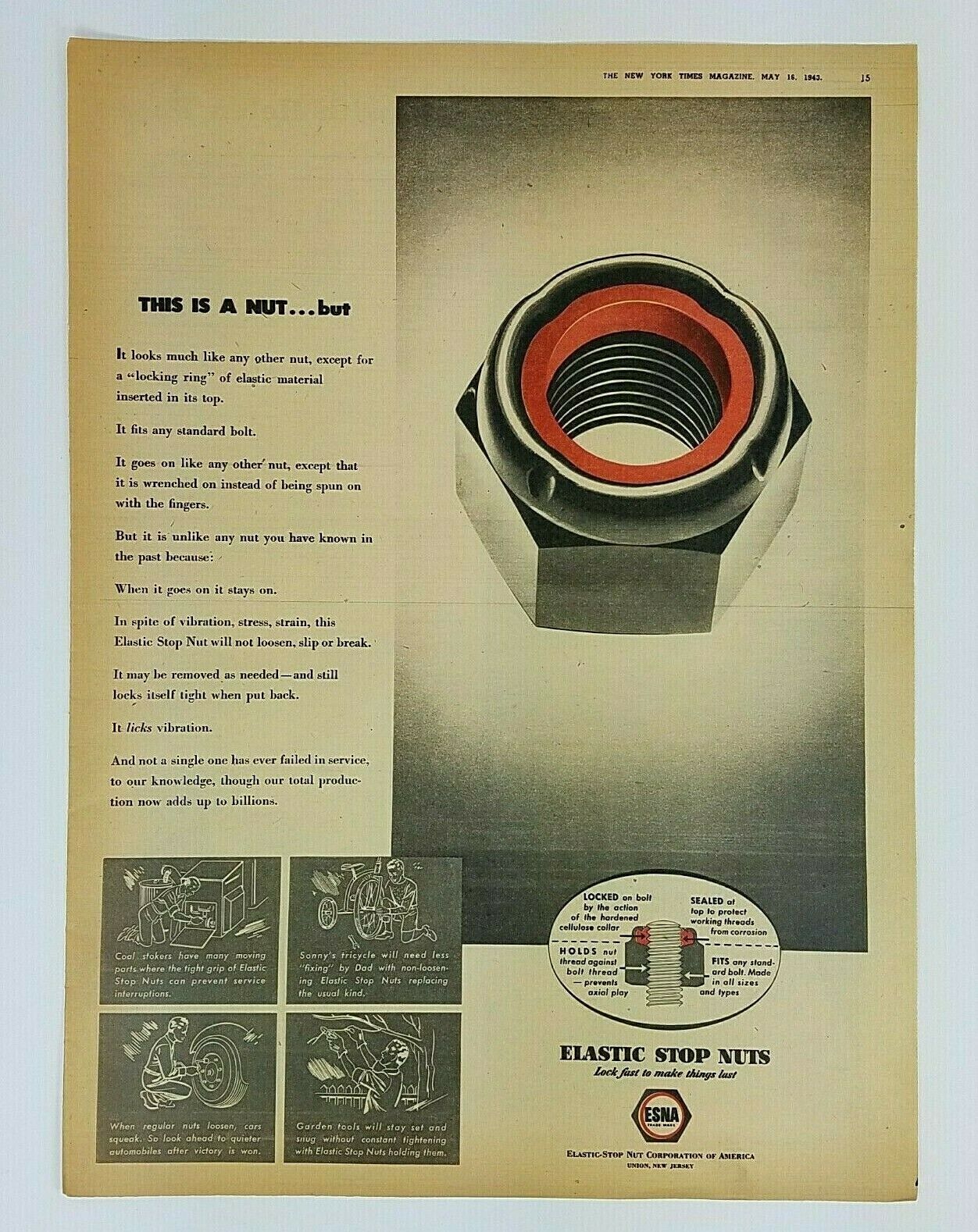 ESNA Elastic Stop Nuts Ad This Is A Nut But New York Times 1943 15 1/2\