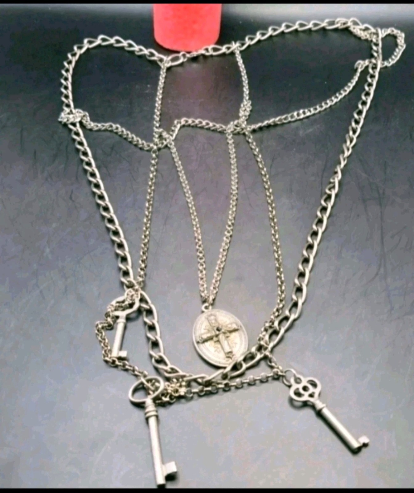 Ben Amun Necklace Layered Gun Metal Silver Tone Chains, Keys Faux Locket Vintage