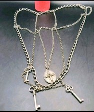 Ben Amun Necklace Layered Gun Metal Silver Tone Chains, Keys Faux Locket Vintage picture