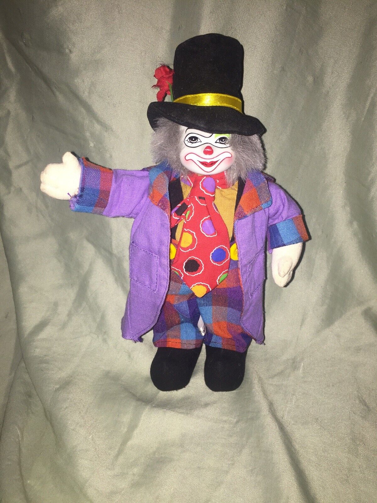Circus Clown Rag Doll with Ceramic/Porcelain Painted Face and Purple Outfit 10”
