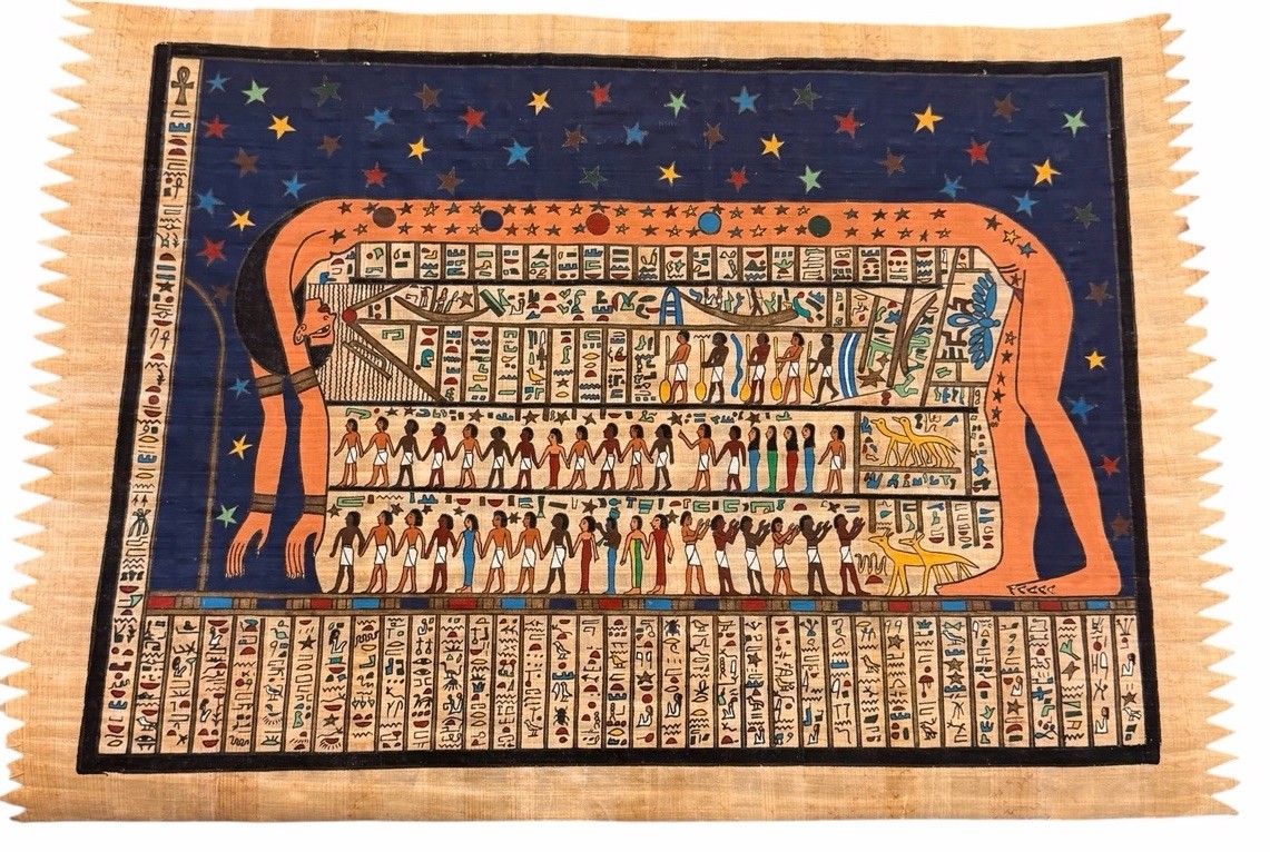 Vintage Egyptian Papyrus Painting- Sky Goddess Nut Celestial Zodiac Map 15x11