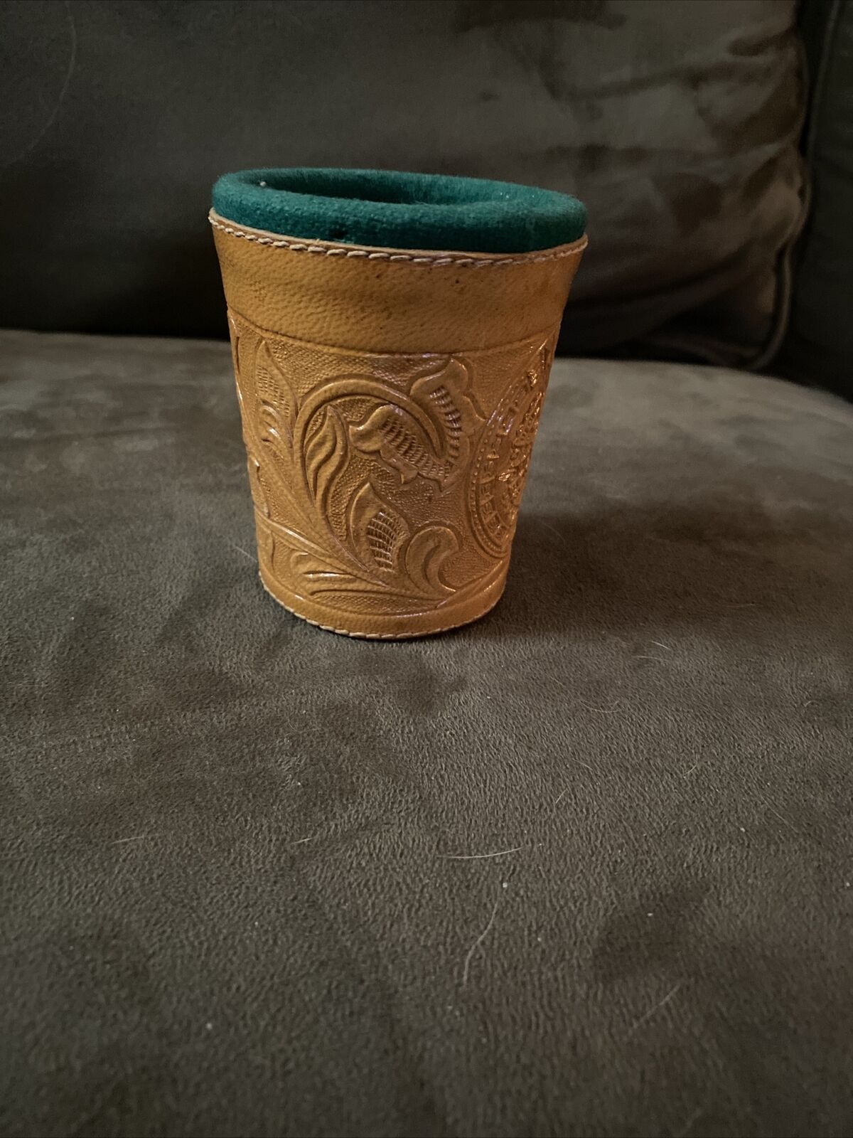 Vintage Tooled Leather Dice Cup Shaker Toiled Aztec Calendar And Floral Design