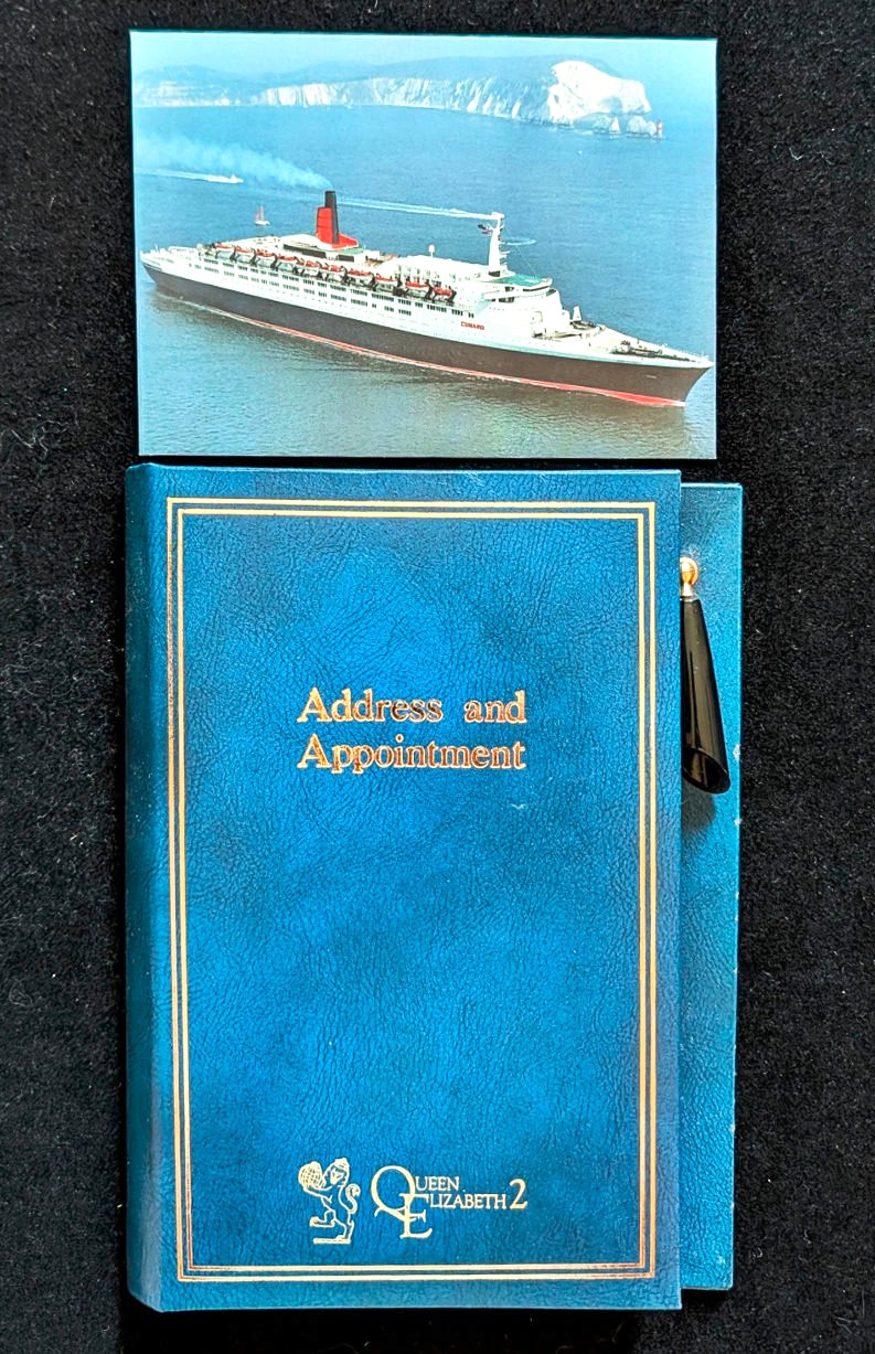 Vintage Cunard QE2 1960's Leather Address Directory Appointment Folder &Postcard