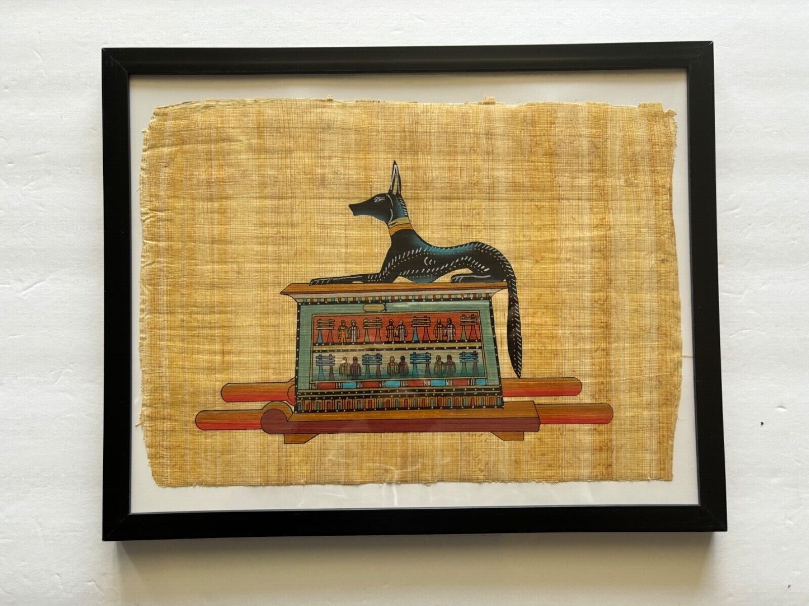Vintage Egyptian Papyrus Plant Art Hand Painted Framed 13” x 9” Anubis God Deity