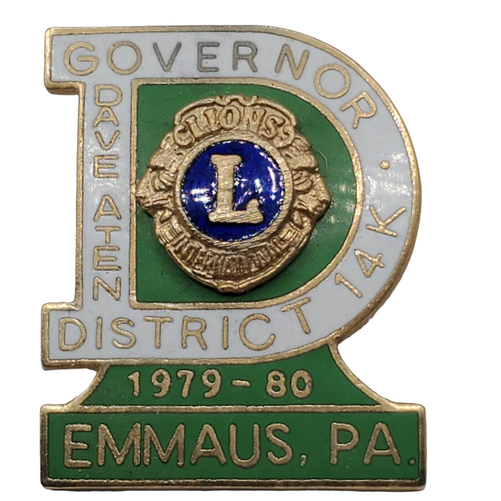 Lions Club Pin 1980 Emmaus Pennsylvania Governor Dave Aten Green LITPC