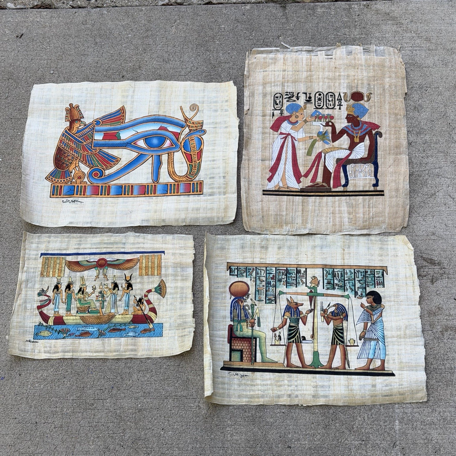 Set of 4 Vintage Egyptian Papyrus Paintings Hand Painted Mythological Art