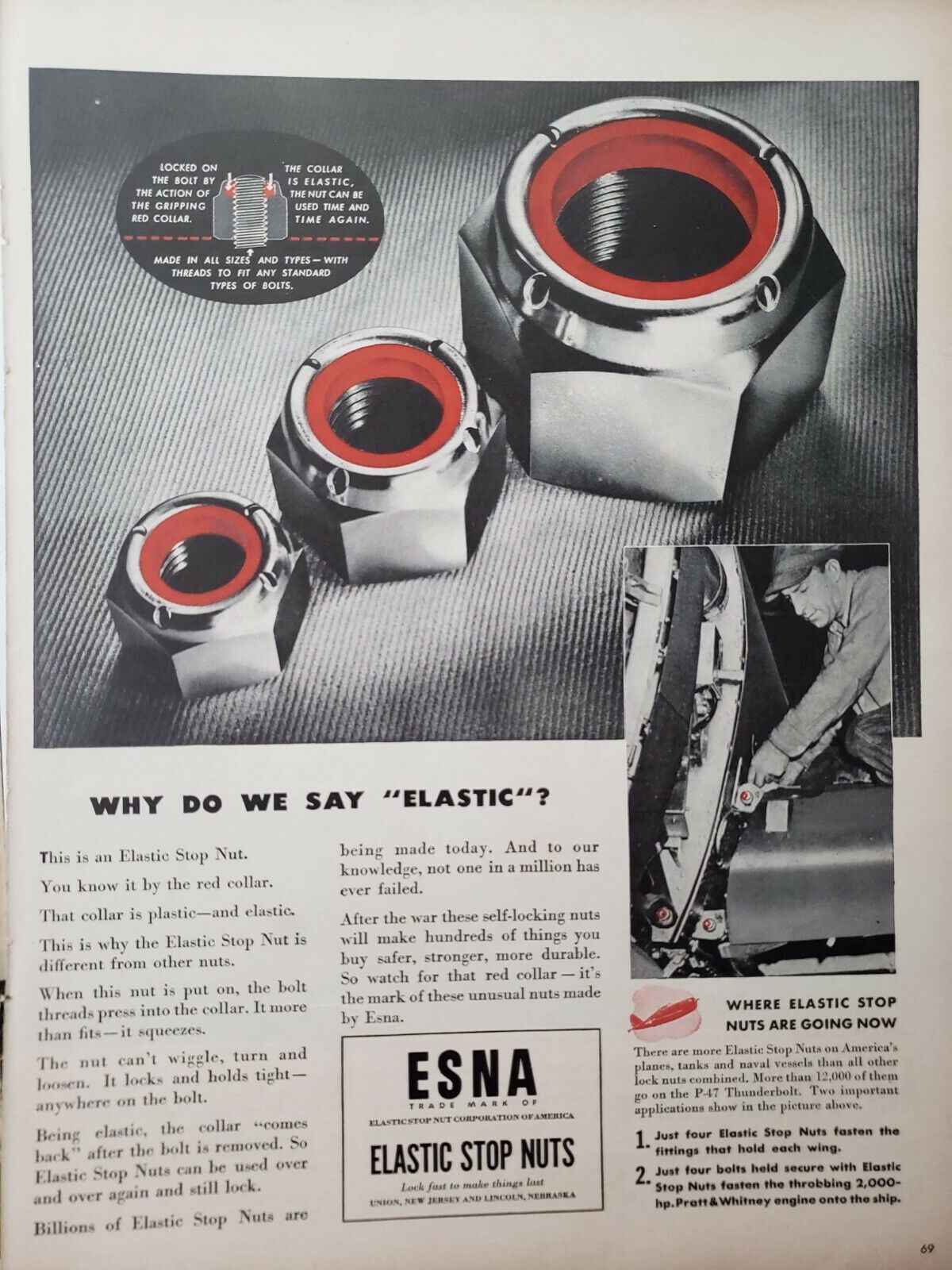 Vintage 1944 ESNA Elastic Stop Nuts Print Ad Ephemera Wall Art Decor