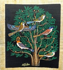 Vintage Egyptian Papyrus Painting Birds Acacia Tree Signed A Khalil Aswan Museum picture