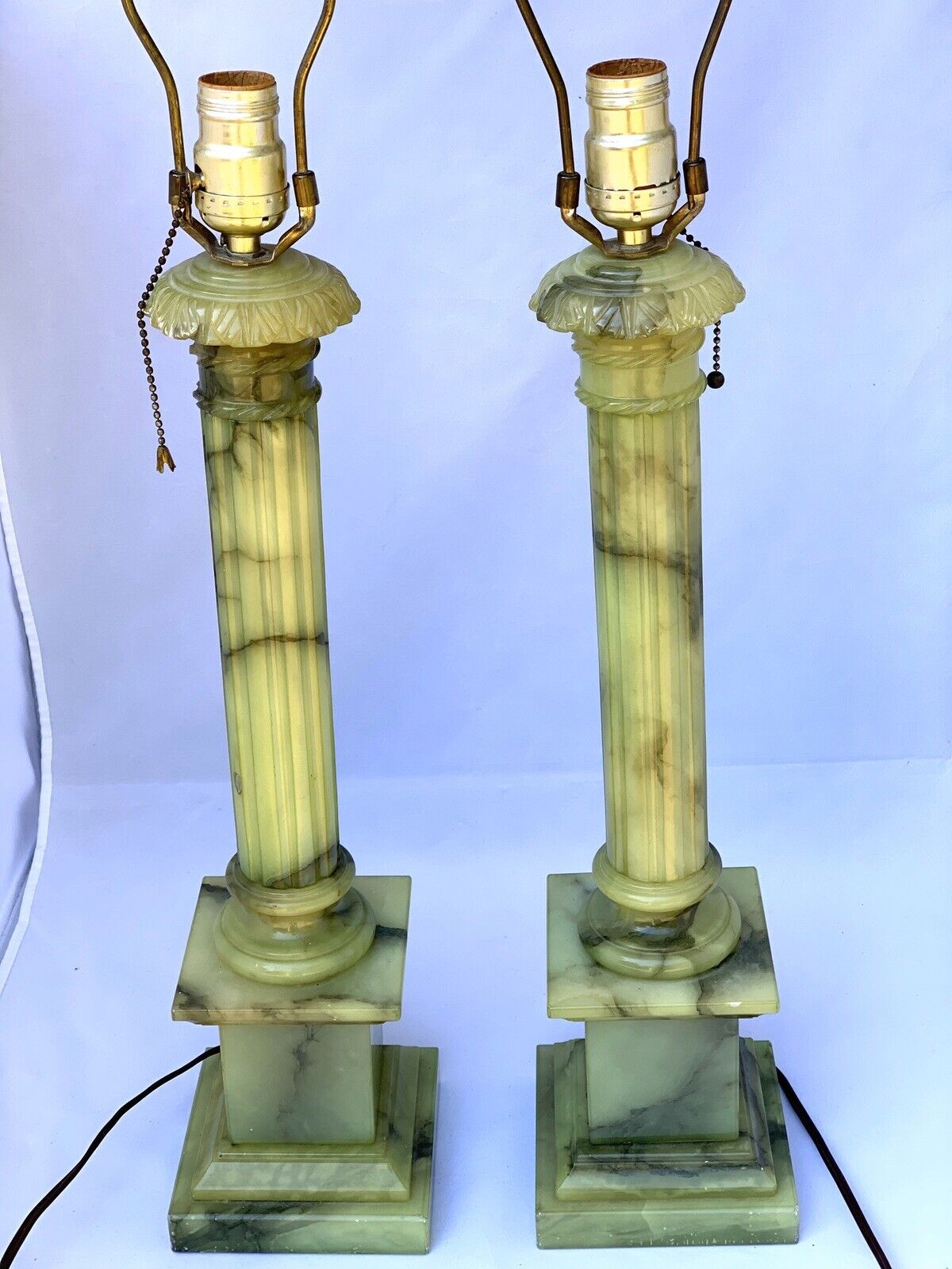 Pair Of Italian Hand Carved Green Alabaster Neoclassic Style Column Table Lamps
