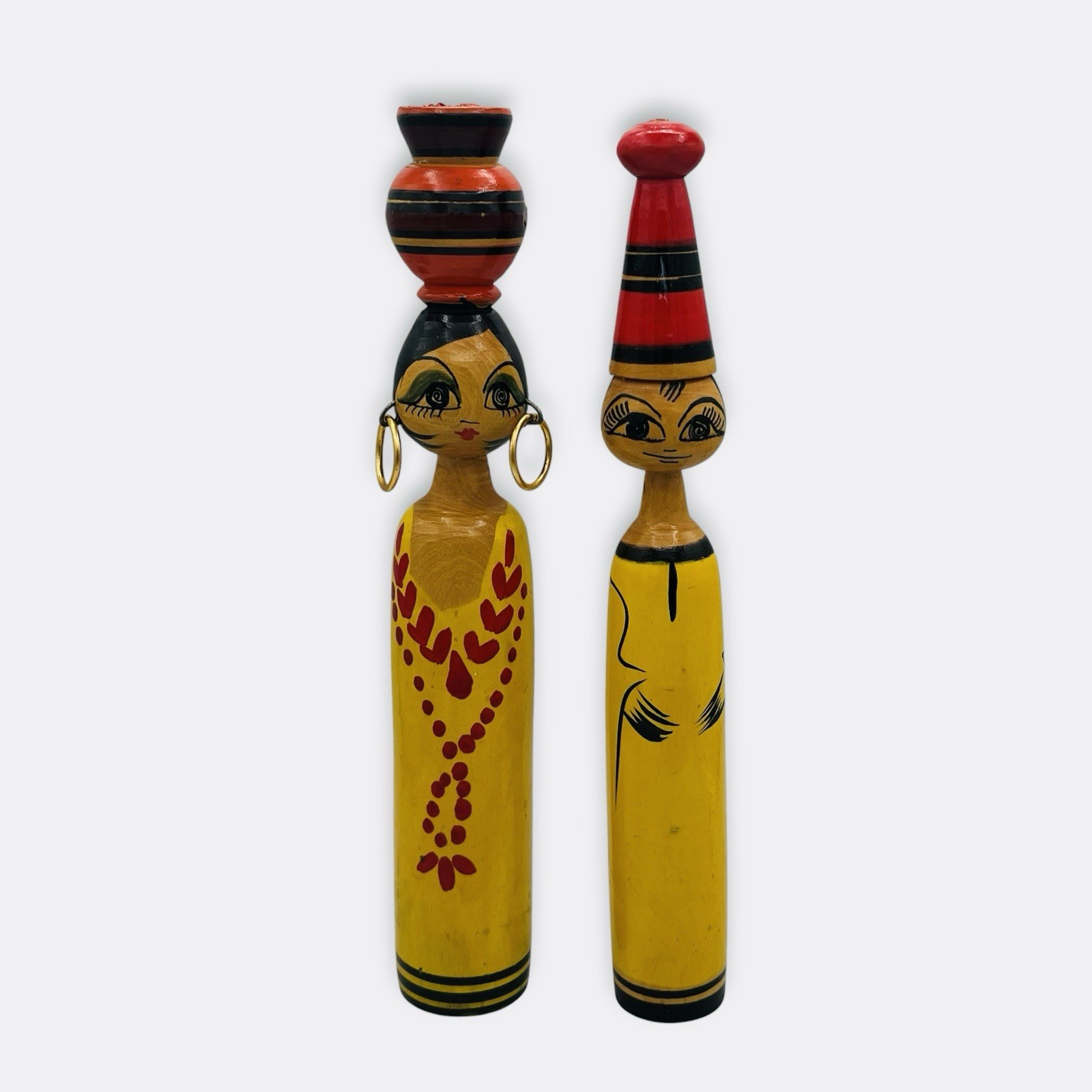Vintage EDFU Egypt 1982 Egyptian Folk Art Wooden Spindle 9” Dolls Painted Set Vintage EDFU Egypt 1982 Egyptian Folk Art Wooden Spindle 9” Dolls Painted Set