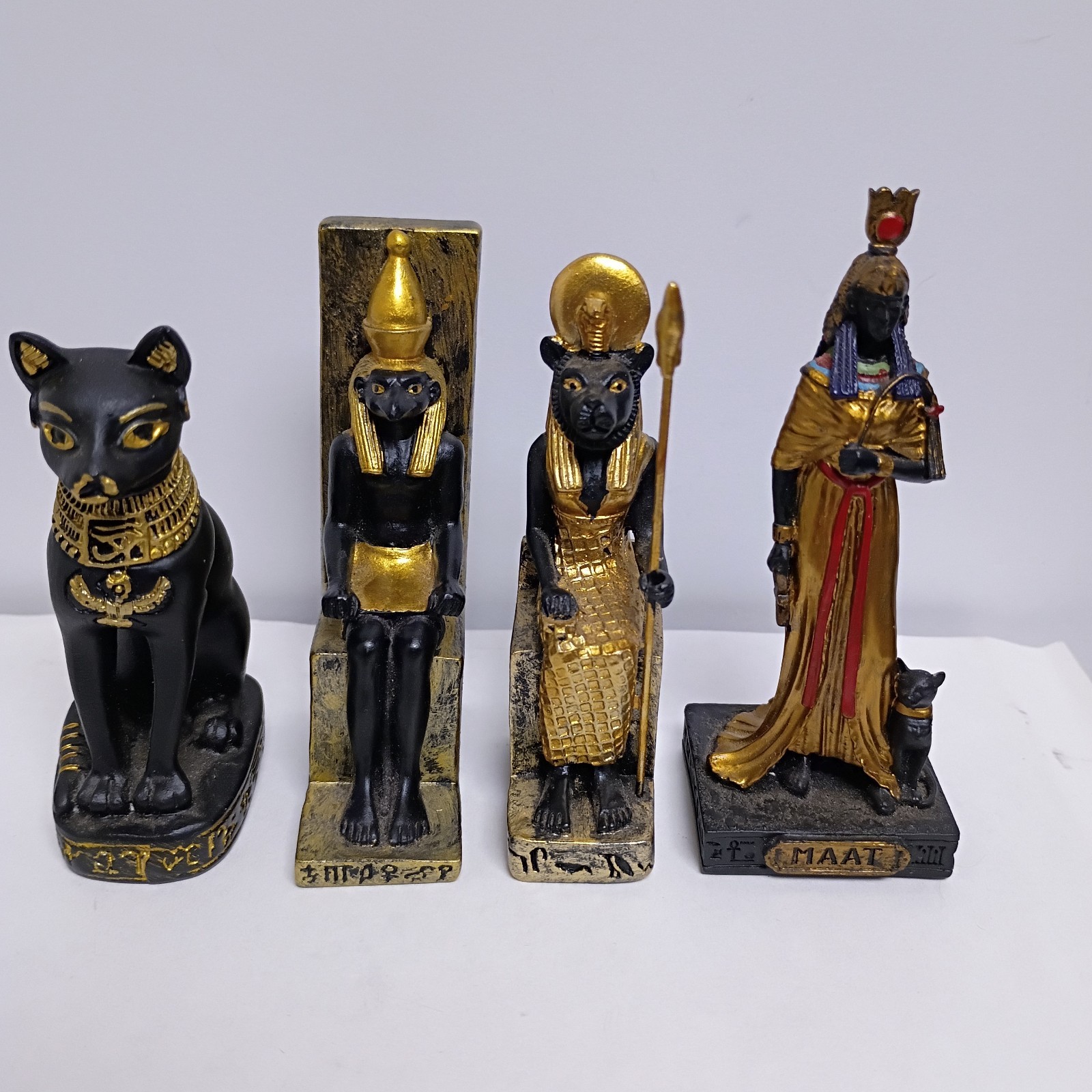 Lot Of 4 Miniature Egyptian Deity Statues Resin Black Gold Bastet Horus Maat