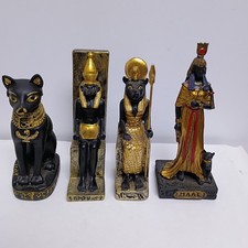 Lot Of 4 Miniature Egyptian Deity Statues Resin Black Gold Bastet Horus Maat picture