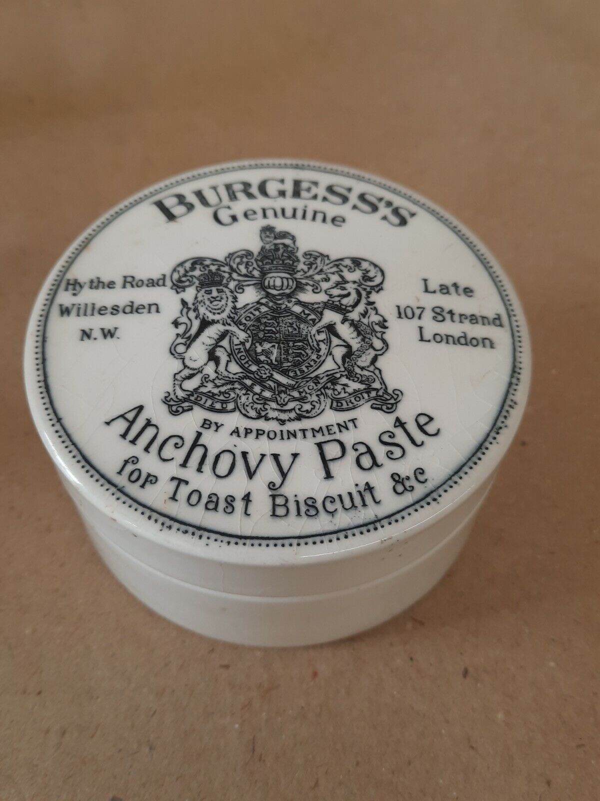 Anchovy PASTE JAR POT lid ironstone advertising English ROYAL seal crock jar box