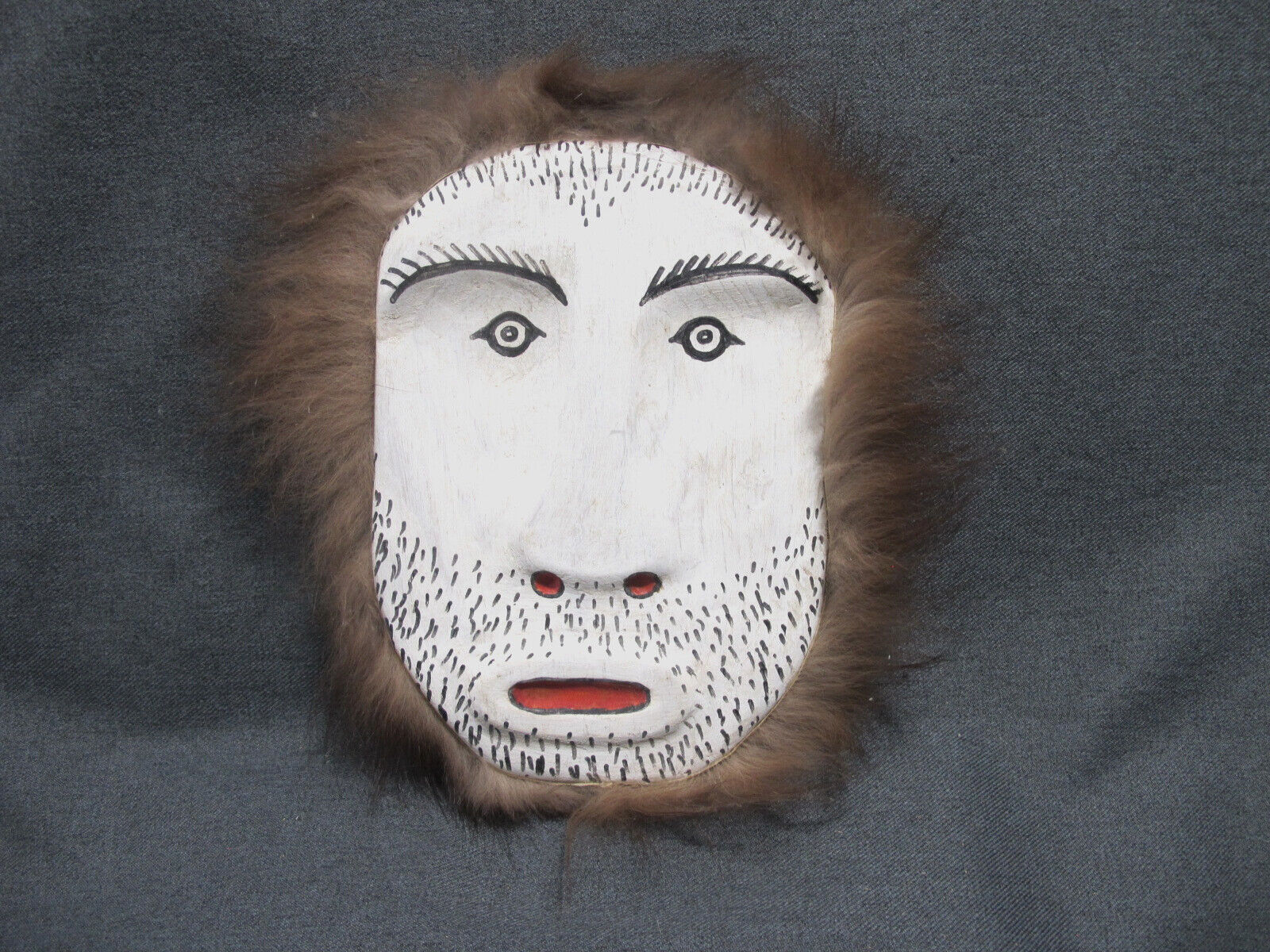 Vintage Alaskan Eskimo signed Henry Shavings painted wood & fur Smile Mask