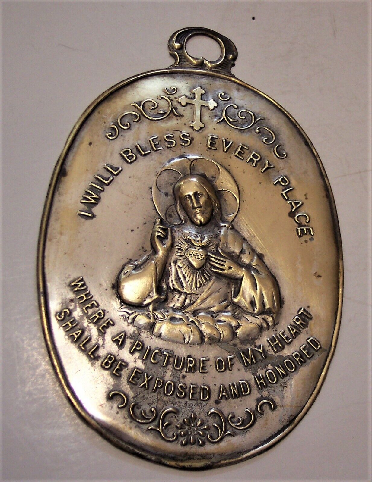  vintage brass metal Chistian Catholic Detente Jesus plaque window door 3\