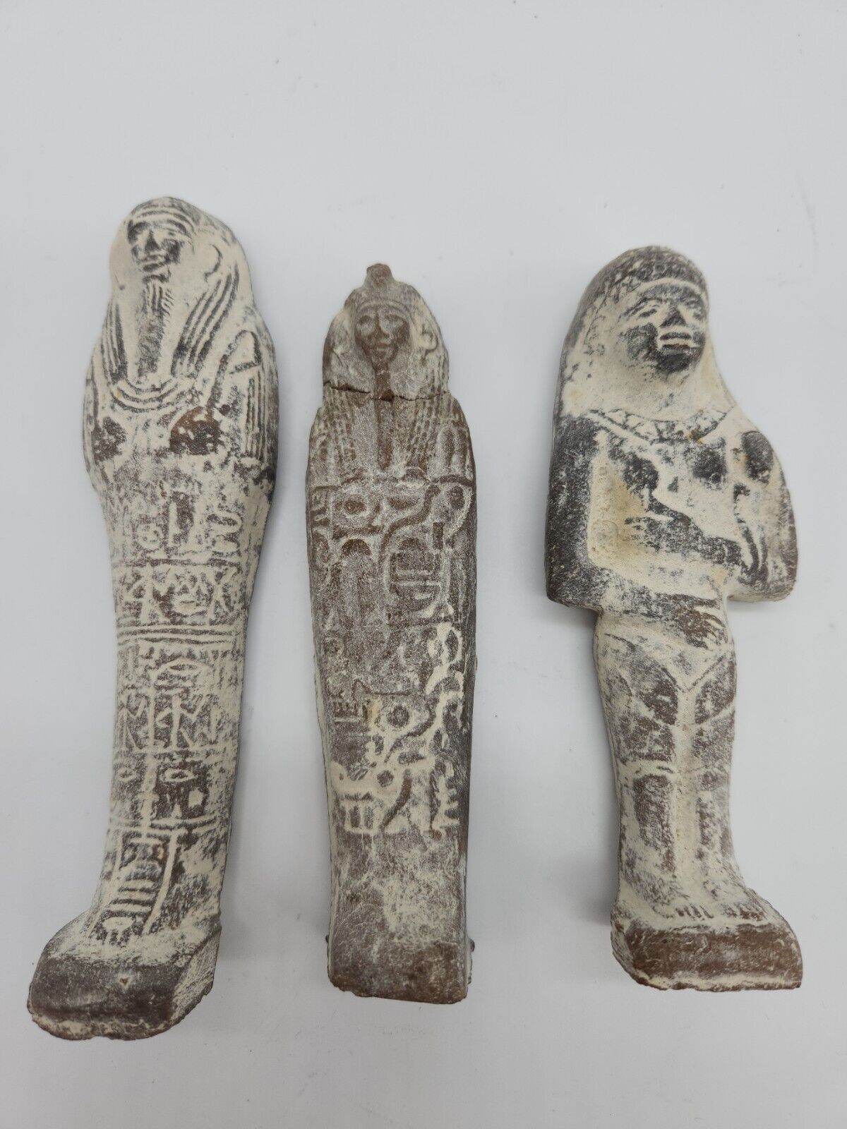 3 Vintage Stone Egyptian Mummies Figurines Gods Hieroglyphic Sarcophagus FLAW