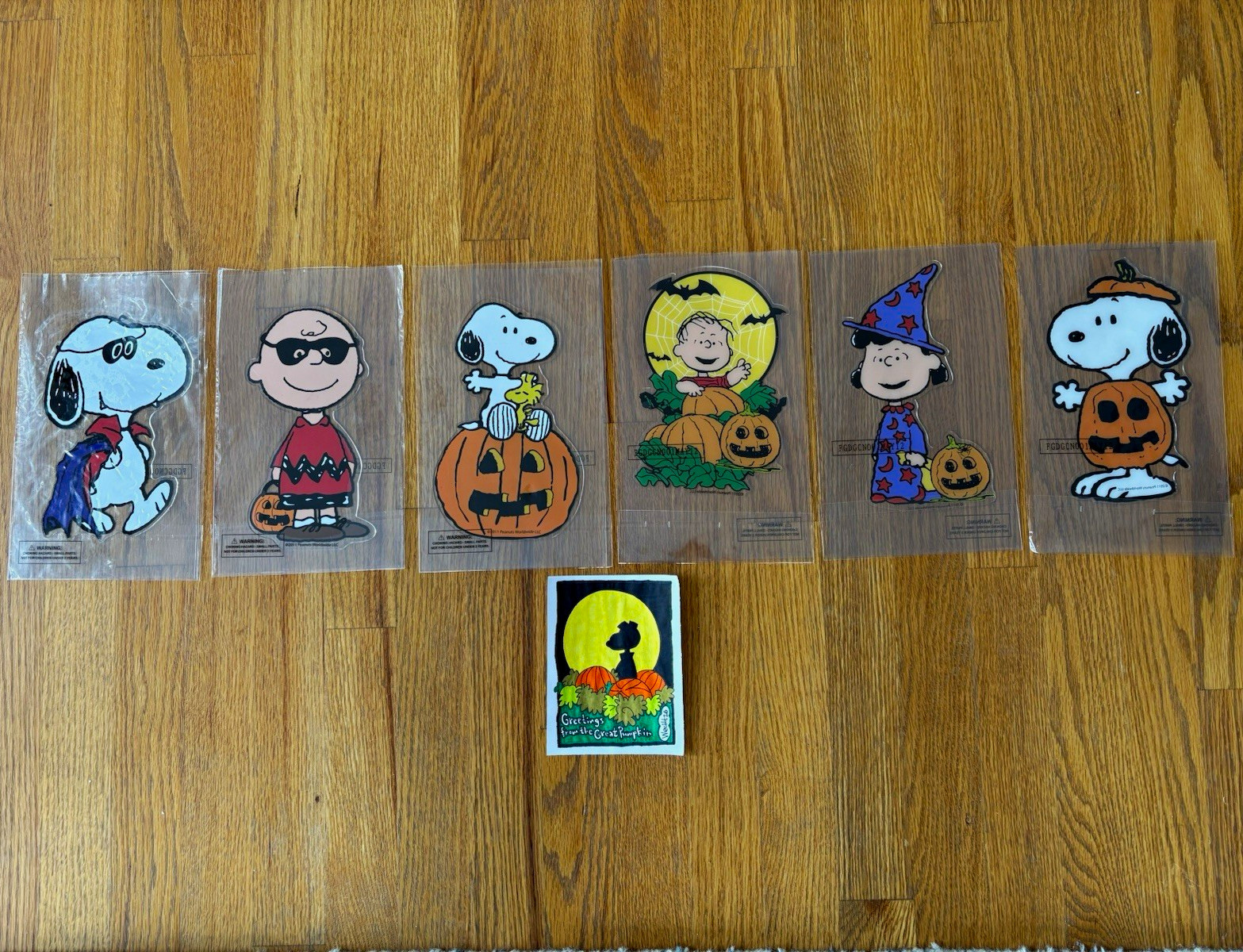 6 Peanuts Halloween Gel Window Clings New w/Original Hand-Drawn Illustration