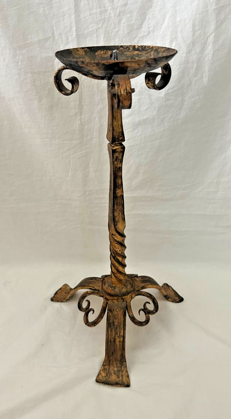 Spanish Gothic-Style Candlestick Hand-Forged Wrought Gilt Iron/Distressed Finish Spanish Gothic-Style Candlestick Hand-Forged Wrought Gilt Iron/Distressed Finish
