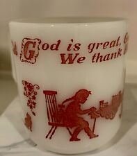 Vintage Hazel Atlas White Milk Glass Mug God is Great Good Thank Him for Food picture