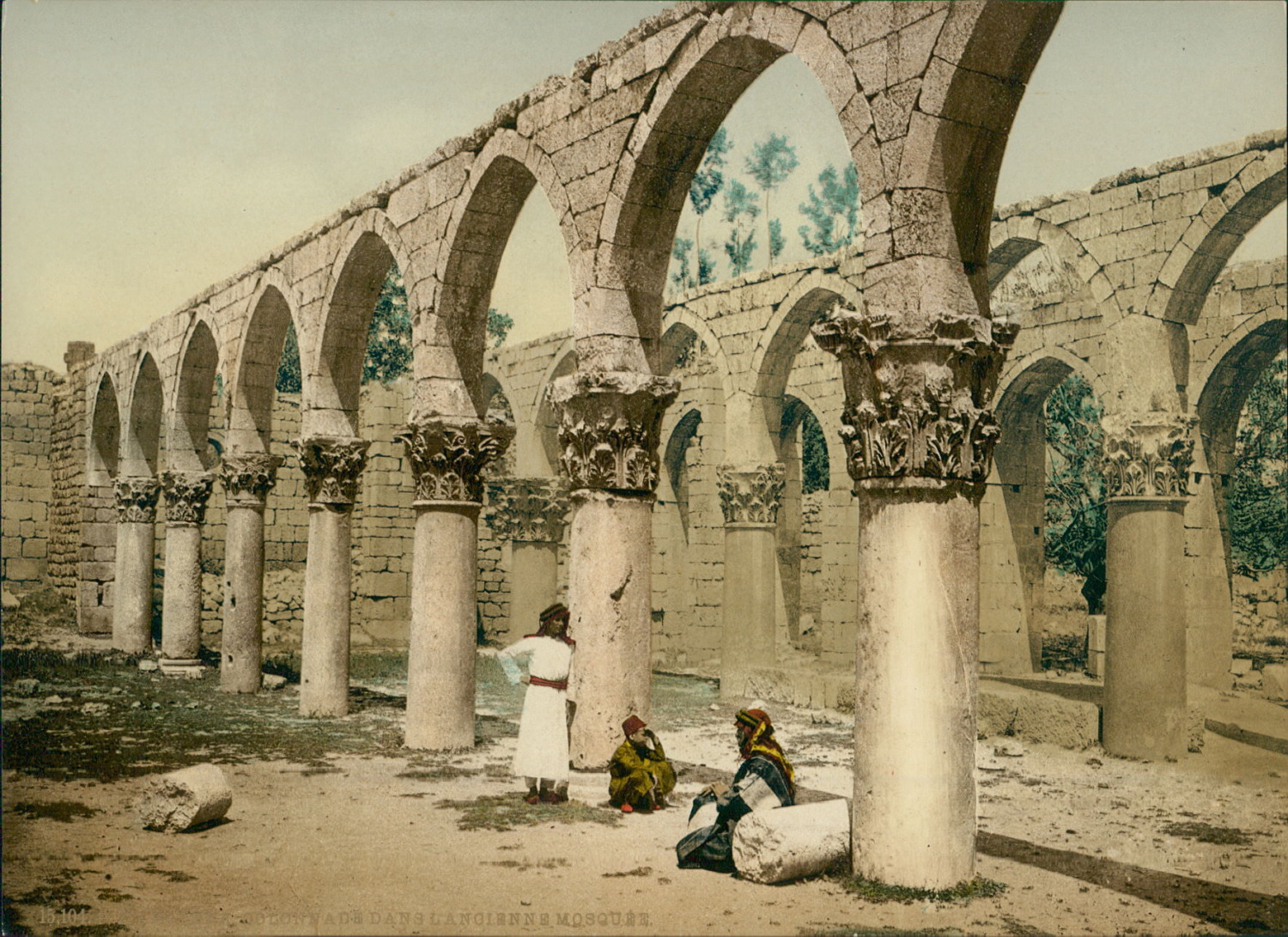 Balbek. Colonnade in the Old Mosque.  P.Z. vintage photochrome.  photoc