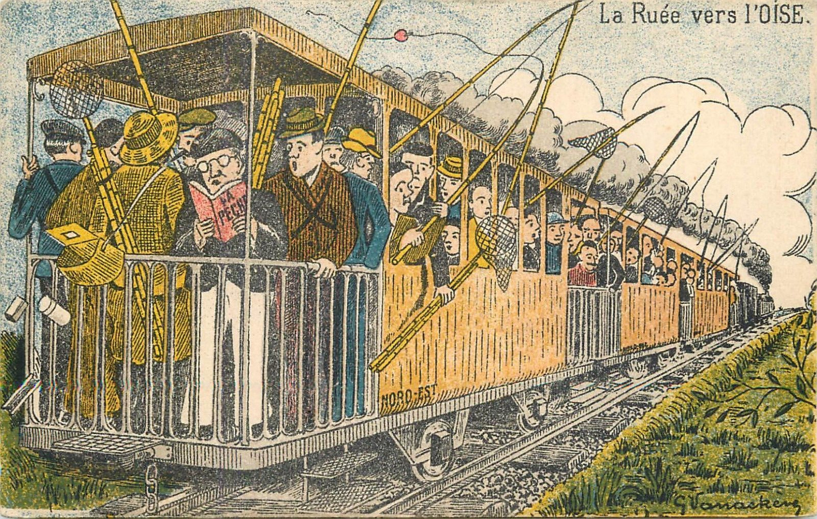Humor comic caricature full tram packed hunter gatherers