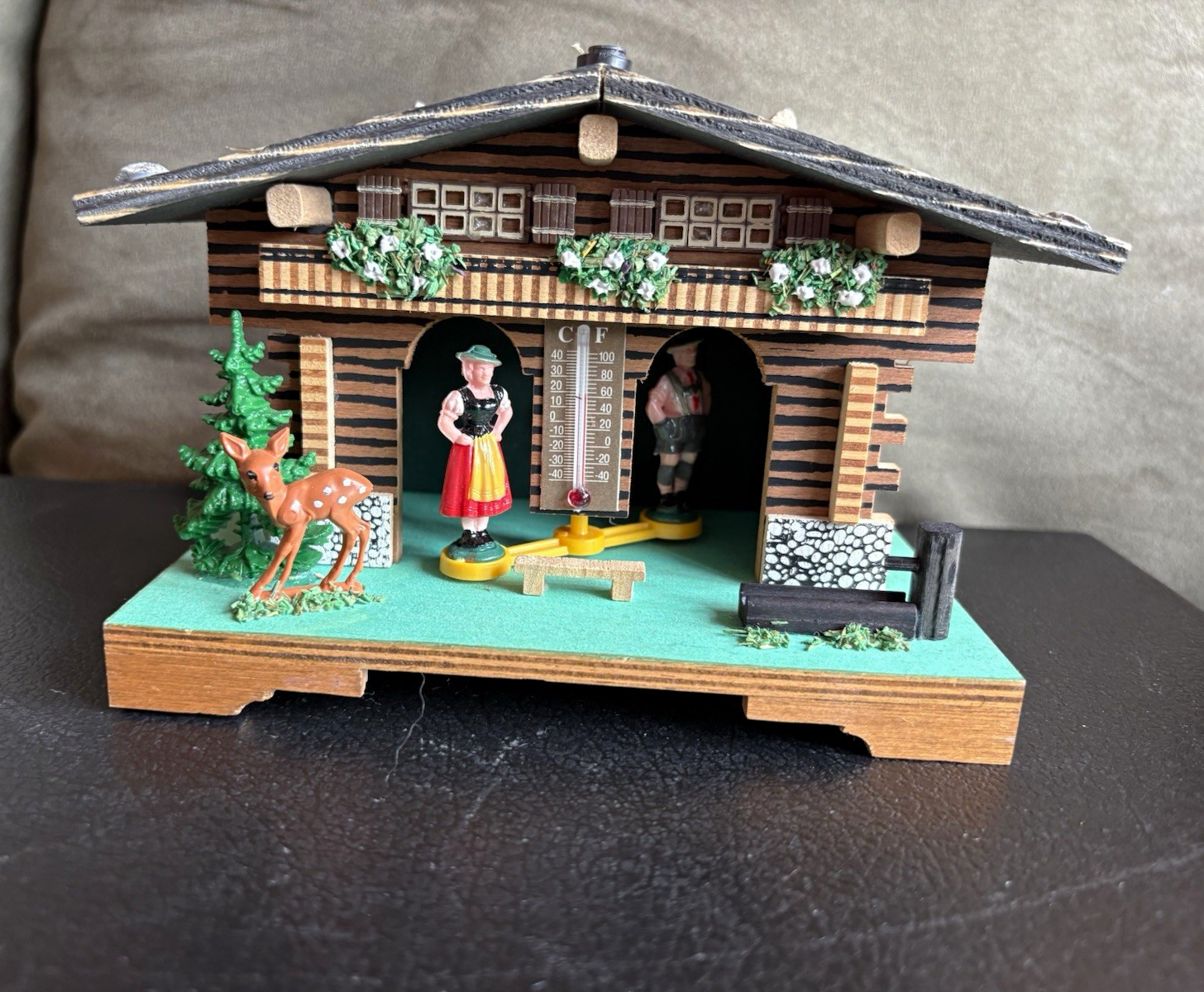Handmade Germany Wooden Chalet Weather House Thermometer w/ Figurines No. 11 Handmade Germany Wooden Chalet Weather House Thermometer w/ Figurines No. 11