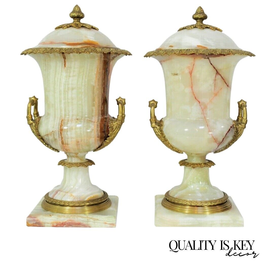 Pair of French Louis XVI Empire Style Onyx and Bronze Lidded Urn Cassolettes